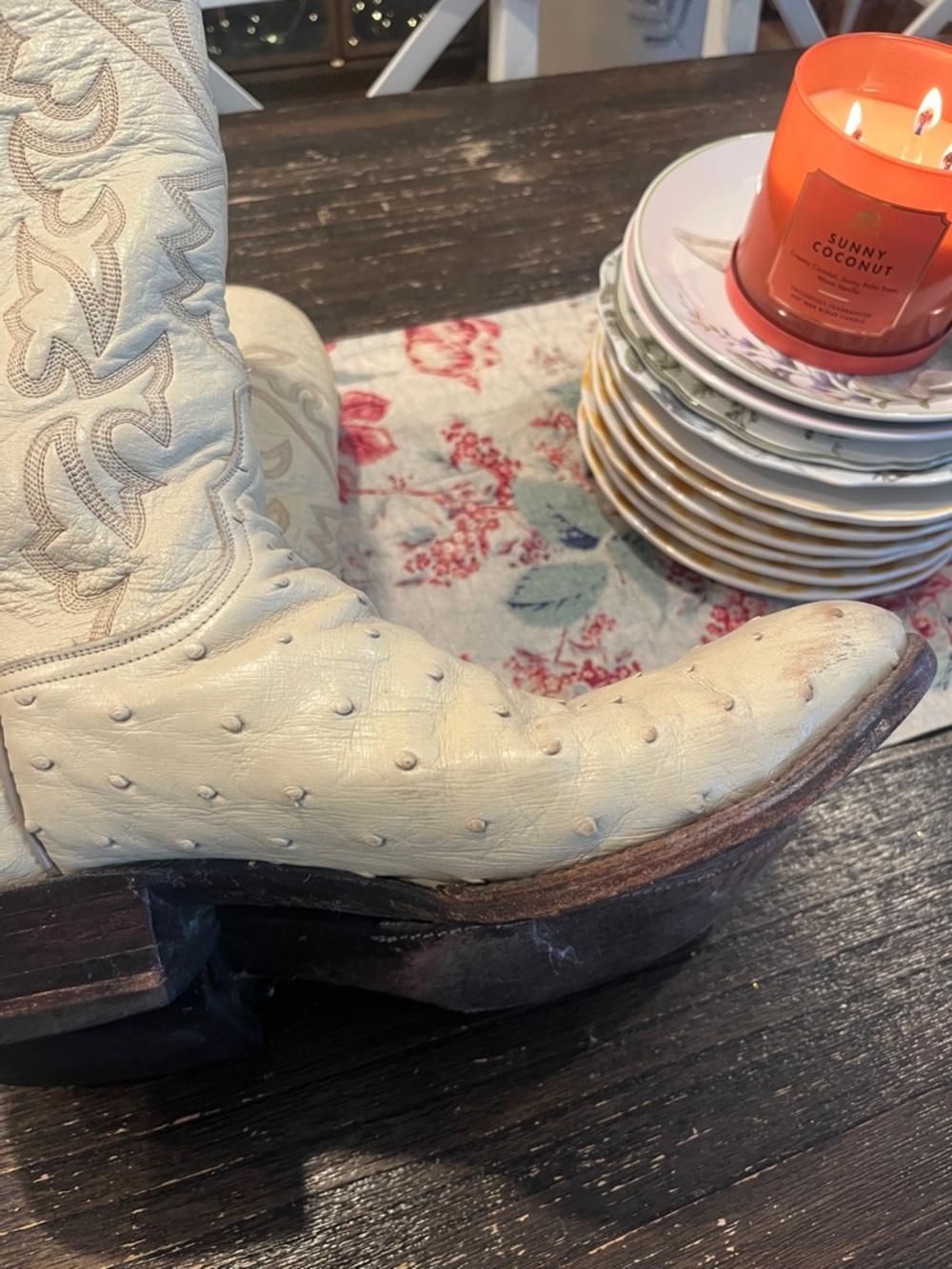Tony Lama Cream Western Cowboy Boots with Embossed Stitching - Picture 6 of 7